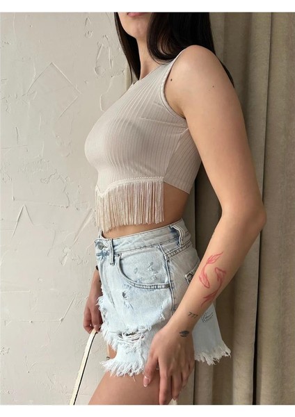 Fav Style Kadın Halter Yaka Püsküllü Kolsuz Crop Top