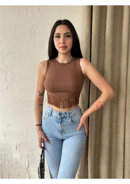 Kadın Halter Yaka Püsküllü Kolsuz Crop Top