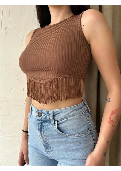 Kadın Halter Yaka Püsküllü Kolsuz Crop Top