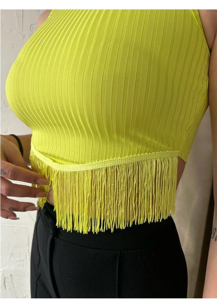 Kadın Halter Yaka Püsküllü Kolsuz Crop Top