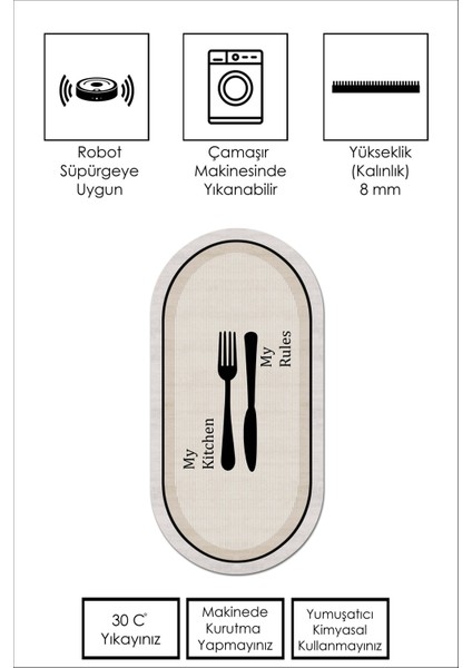 Makinede Yıkanabilir Kaymaz Taban Leke Tutmaz Bej Oval Mutfak Halısı Mutfak Kesme Yolluk