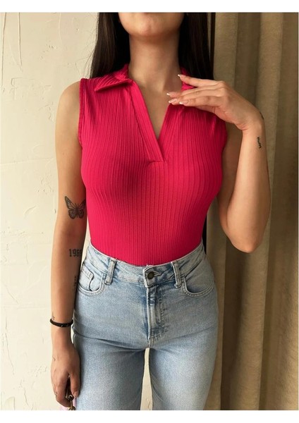 Kadın Polo Yaka Kolsuz Crop Bluz