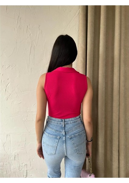 Kadın Polo Yaka Kolsuz Crop Bluz