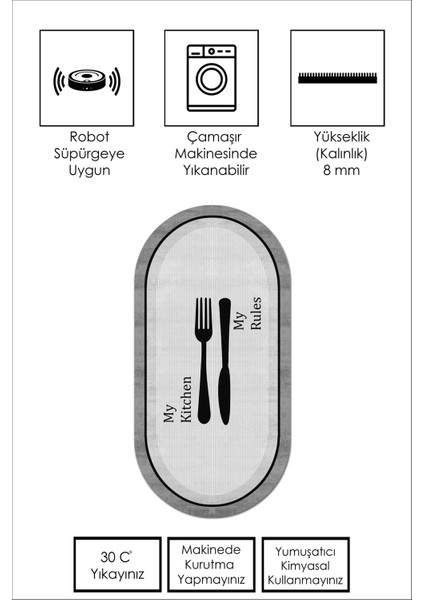 Lavita Home Makinede Yıkanabilir Kaymaz Taban Leke Tutmaz Gri Oval Mutfak Halısı Mutfak Kesme Yolluk