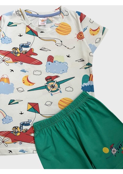 Elmas Kids Kız Çocuk  Pamuklu Uçak Uçurtma Kız Desenli Kısa Kollu Şortlu Yazlık Pijama Takımı