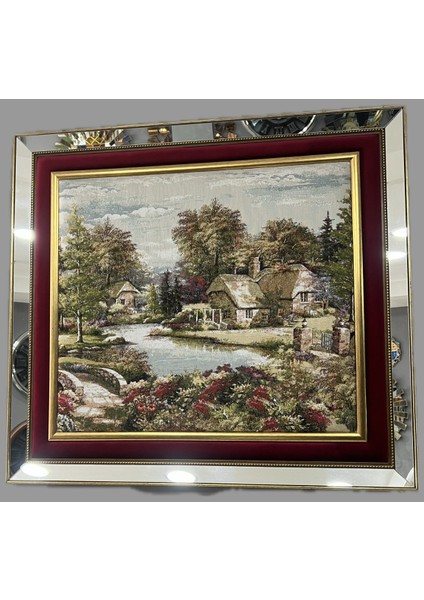 Klas Cam Aynalı Çerçeve Kumaş Kabartmalı bordo kadifeli Tablo