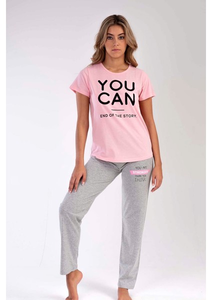 Kadın Pudra Kısa Kollu Desenli Bisiklet Yaka Oval Etek Süprem Pijama Takımı