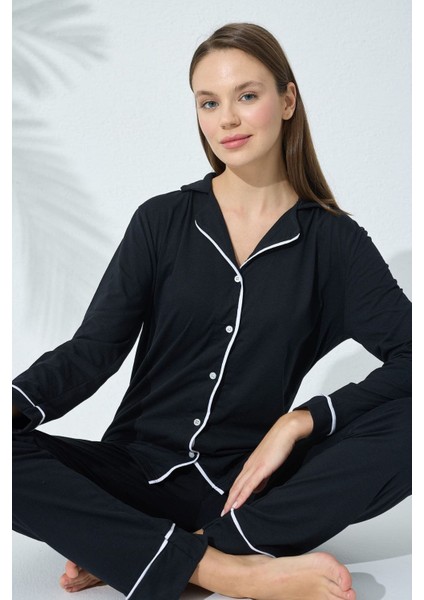 Dokuma Siyah Beyaz Pamuklu Düğmeli Biyeli Pijama Takım Basic Düz 21 40 Yaş 2'li Düğme Geniş Paça