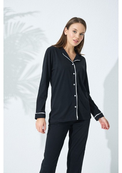 Dokuma Siyah Beyaz Pamuklu Düğmeli Biyeli Pijama Takım Basic Düz 21 40 Yaş 2'li Düğme Geniş Paça fiyatları