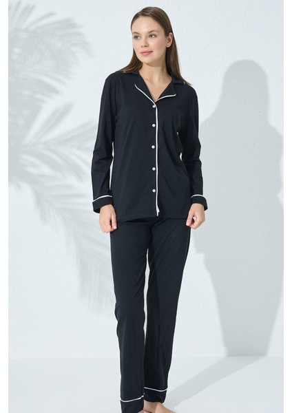 Dokuma Siyah Beyaz Pamuklu Düğmeli Biyeli Pijama Takım Basic Düz 21 40 Yaş 2'li Düğme Geniş Paça modelleri