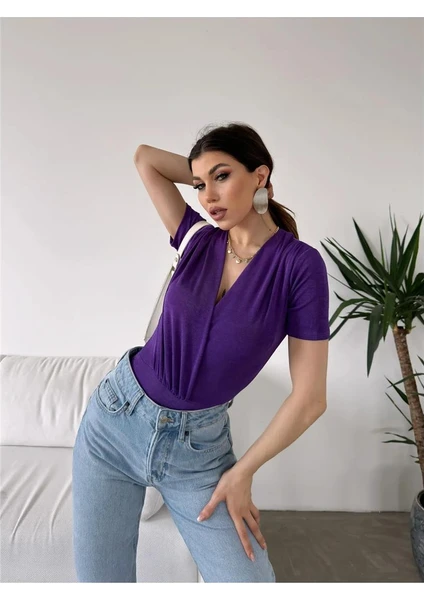 Fav Style Kadın Kruvaze Yaka Kısa Kollu Çıtçıtlı Bodysuit Bluz