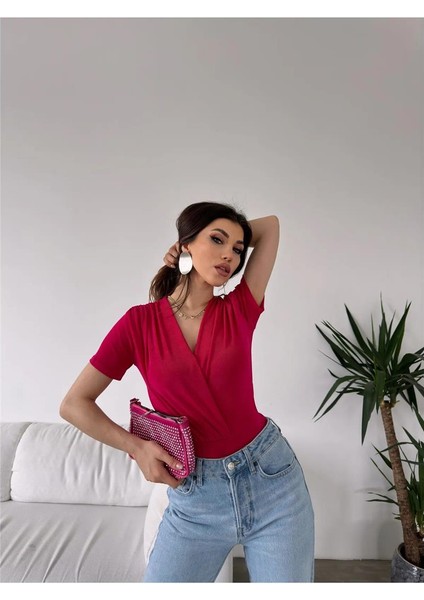 Fav Style Kadın Kruvaze Yaka Kısa Kollu Çıtçıtlı Bodysuit Bluz