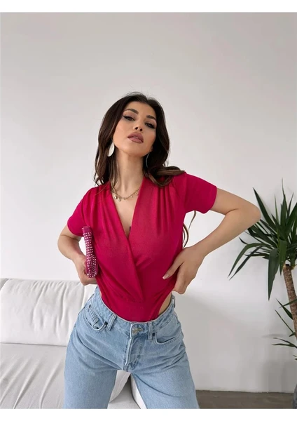 Fav Style Kadın Kruvaze Yaka Kısa Kollu Çıtçıtlı Bodysuit Bluz