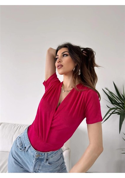 Kadın Kruvaze Yaka Kısa Kollu Çıtçıtlı Bodysuit Bluz