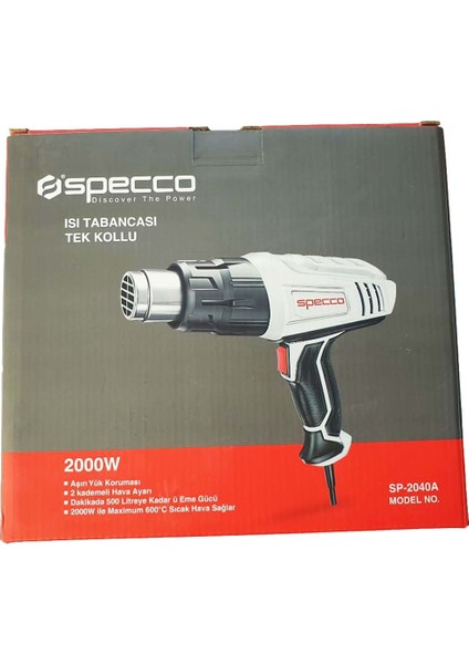- Sıcak Hava Tabancası Tek Kollu 2000W Maximum 600°C Sıcak Hava