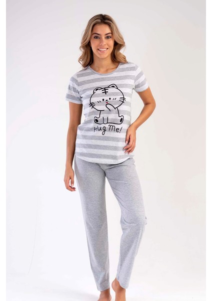 Kadın Gri Kısa Kollu Desenli Bisiklet Yaka Oval Etek Süprem Pijama Takımı