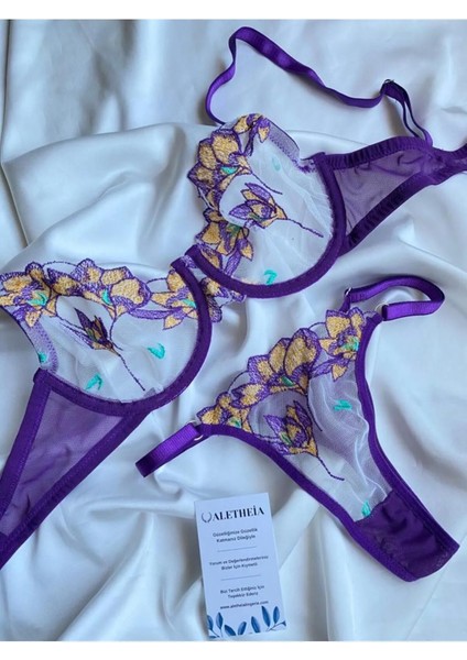 Alethiea Lingerie Mor Çiçekli Brode Kadın Sütyen Takımı