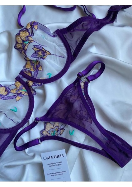 Alethiea Lingerie Mor Çiçekli Brode Kadın Sütyen Takımı