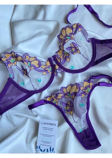 Alethiea Lingerie Mor Çiçekli Brode Kadın Sütyen Takımı