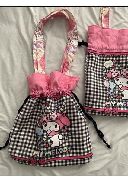 Sanrio Kawaii Kuromi My Melody Damalı Hello Kitty Cinnamoroll Büzgülü Kumaş Çanta Hediye