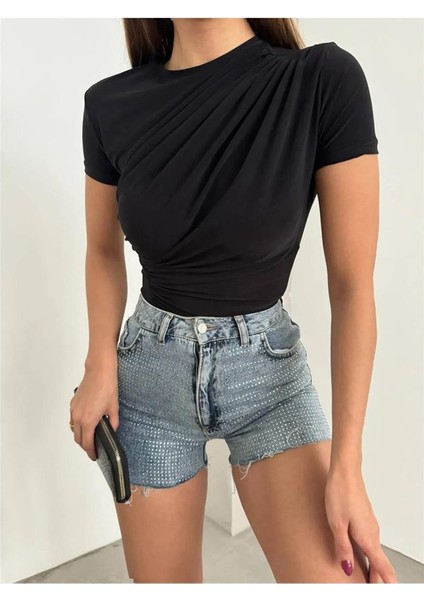 Kadın Sıfır Yaka Kısa Kollu Omuz ve Bel Büzgülü Bluz modelleri