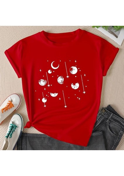 Stıl-X Gökyüzü Temalı Bisiklet Yaka %100 Pamuklu Kadın T-Shirt