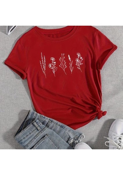 Stıl-X Çiçek Tarlası Baskılı Bisiklet Yaka %100 Pamuklu Kadın T-Shirt
