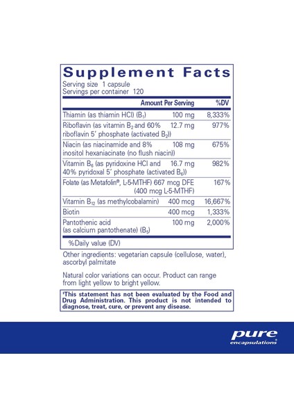 Pure Encapsulations Vitamin B Complex Plus 120 Capsules Thiamin Riboflavin Niacin Vitamin B6 Metil Folate Vitamin B12 Methylcobalamin Biotin Pantothenic Acid Non Gmo Hypoallergenic