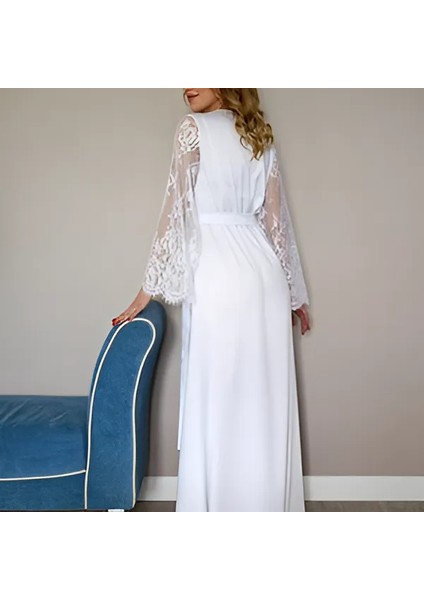 La Donna Moda,beyaz Satan Ipek ,düğün Sabahlık, Beyaz Dantel Kollu