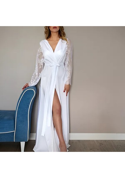 La Donna Moda,beyaz Satan Ipek ,düğün Sabahlık, Beyaz Dantel Kollu