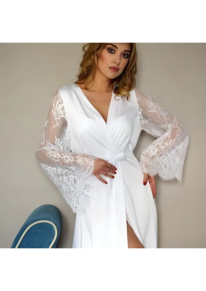 La Donna Moda,beyaz Satan Ipek ,düğün Sabahlık, Beyaz Dantel Kollu