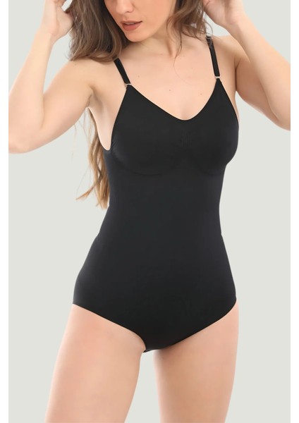 Çıtçıtlı Sıkılaştırıcı Askılı Push Up Etkili Vücut Şekillindirici Body Zıbın Korse Siyah Renk