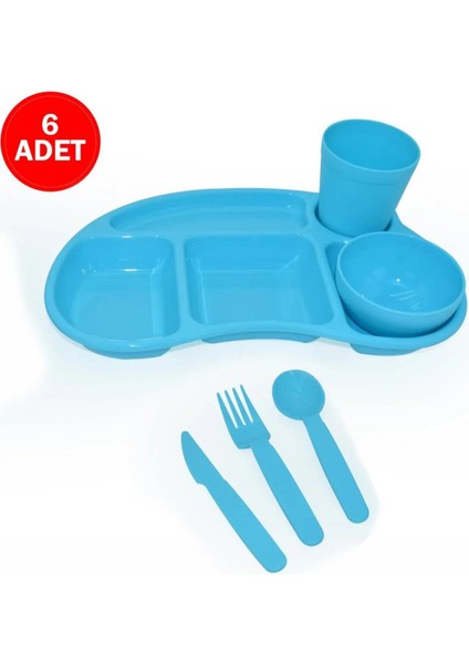 6'lı Çocuk Tabldot Set 5 Bölmeli Kahvaltılık Tabildot Seti Kase Bardak Çatal Bıçak Kaşık Set Turkuaz