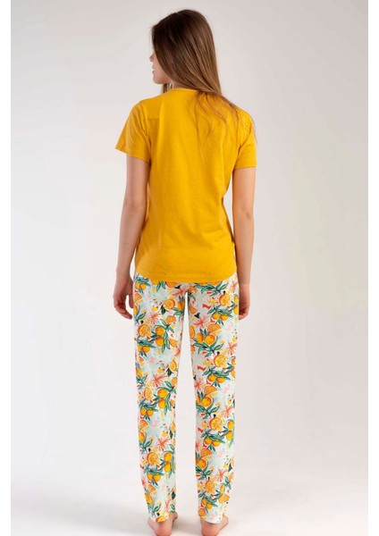 Kadın Hardal Kısa Kollu Desenli Bisiklet Yaka Oval Etek Süprem Pijama Takımı