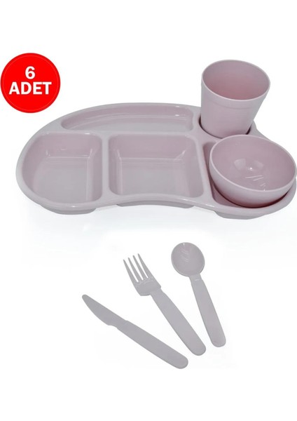6'lı Çocuk Tabldot Set 5 Bölmeli Kahvaltılık Tabildot Seti Kase Bardak Çatal Bıçak Kaşık Set Pudra