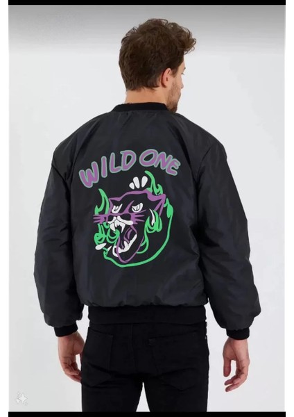 Unisex Uzun Kol Baskılı Bomber Ceket - Siyah fiyatları