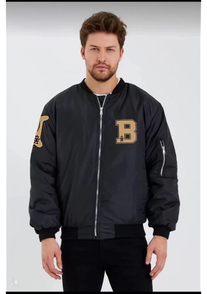 Unisex Uzun Kol Baskılı Bomber Ceket - Siyah