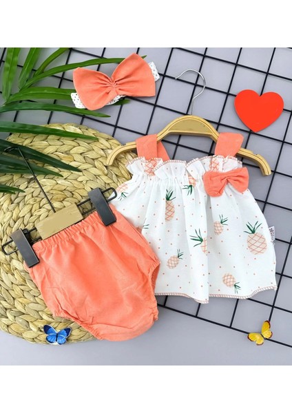 3-6-9-12 Ay Bandajlı Ve Kilotlu Ananas Desenli Askılı 3Lü Kız Bebek Elbisesi
