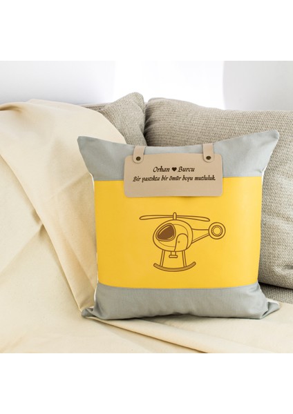 Bebek ve Çocuk Odalarına Özel Dekorasyon, Helikopter Desenli Isme Özel Kişiselleştirilebilir Yastık