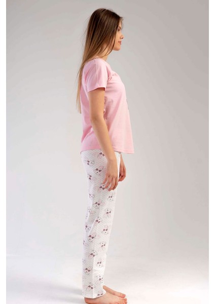 Kadın Pembe Kısa Kollu Desenli Bisiklet Yaka Oval Etek Süprem Pijama Takımı