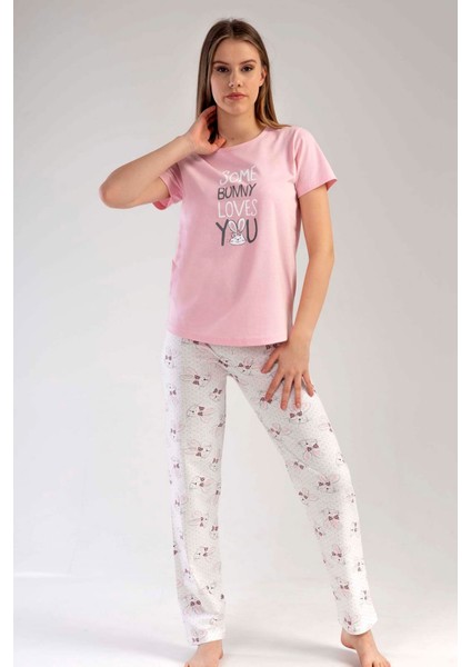 Kadın Pembe Kısa Kollu Desenli Bisiklet Yaka Oval Etek Süprem Pijama Takımı