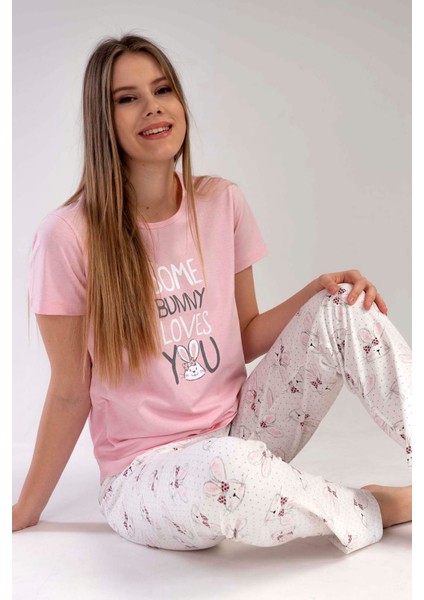 Kadın Pembe Kısa Kollu Desenli Bisiklet Yaka Oval Etek Süprem Pijama Takımı