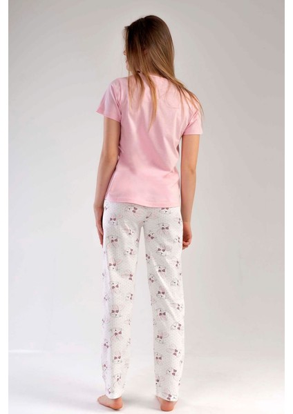Kadın Pembe Kısa Kollu Desenli Bisiklet Yaka Oval Etek Süprem Pijama Takımı