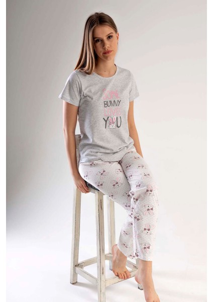 Kadın Gri Kısa Kollu Desenli Bisiklet Yaka Oval Etek Süprem Pijama Takımı