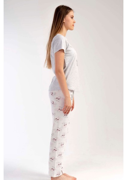 Kadın Gri Kısa Kollu Desenli Bisiklet Yaka Oval Etek Süprem Pijama Takımı