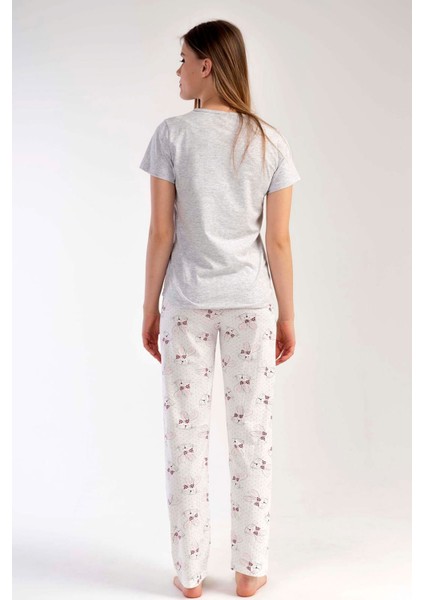 Kadın Gri Kısa Kollu Desenli Bisiklet Yaka Oval Etek Süprem Pijama Takımı