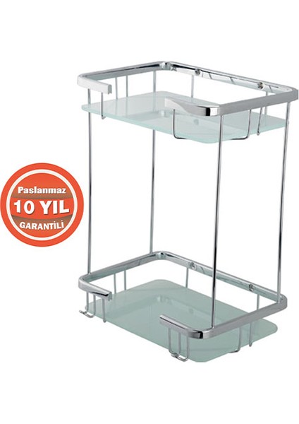 Paslanmaz Pirinç Taci 2'li 22X15 cm Camlı Şampuanlık Banyo Rafı