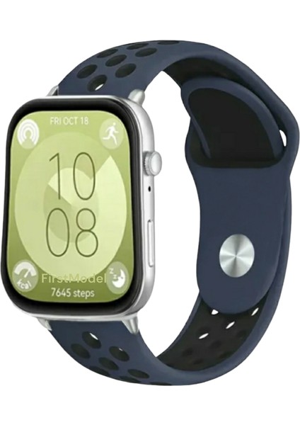 Huawei Watch Fit 3 Uyumlu Delikli Spor Silikon Kordon Pim Çevirici Aparatı ile Akıllı Pimli Lacivert Siyah