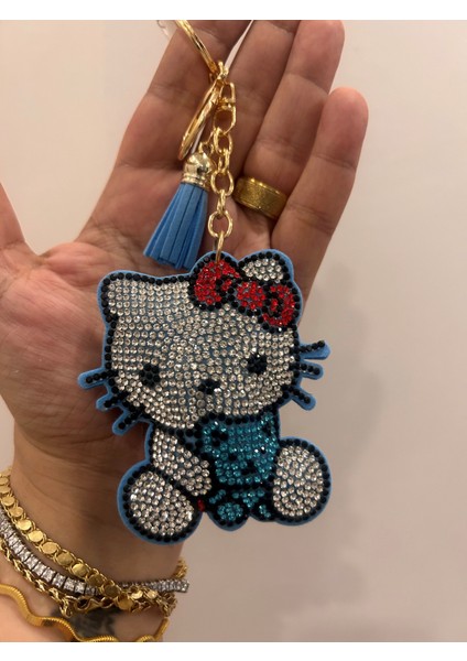 By Semra Hello Kitty Parlak Taşlı Kedi Figür Püsküllü Anahtarlık ve Çanta Aksesuarı