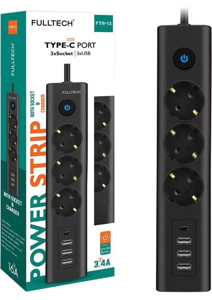 Type-C Port Girişli Akım Korumalı 3'lü Priz, 3 Usb, 1 Type-C Giriş, Isıya Dayanıklı, Ftr-13